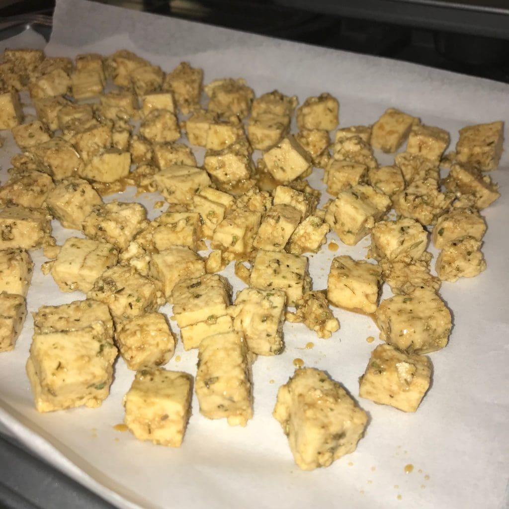 Raw tofu before going in the oven to become crispy tofu. 