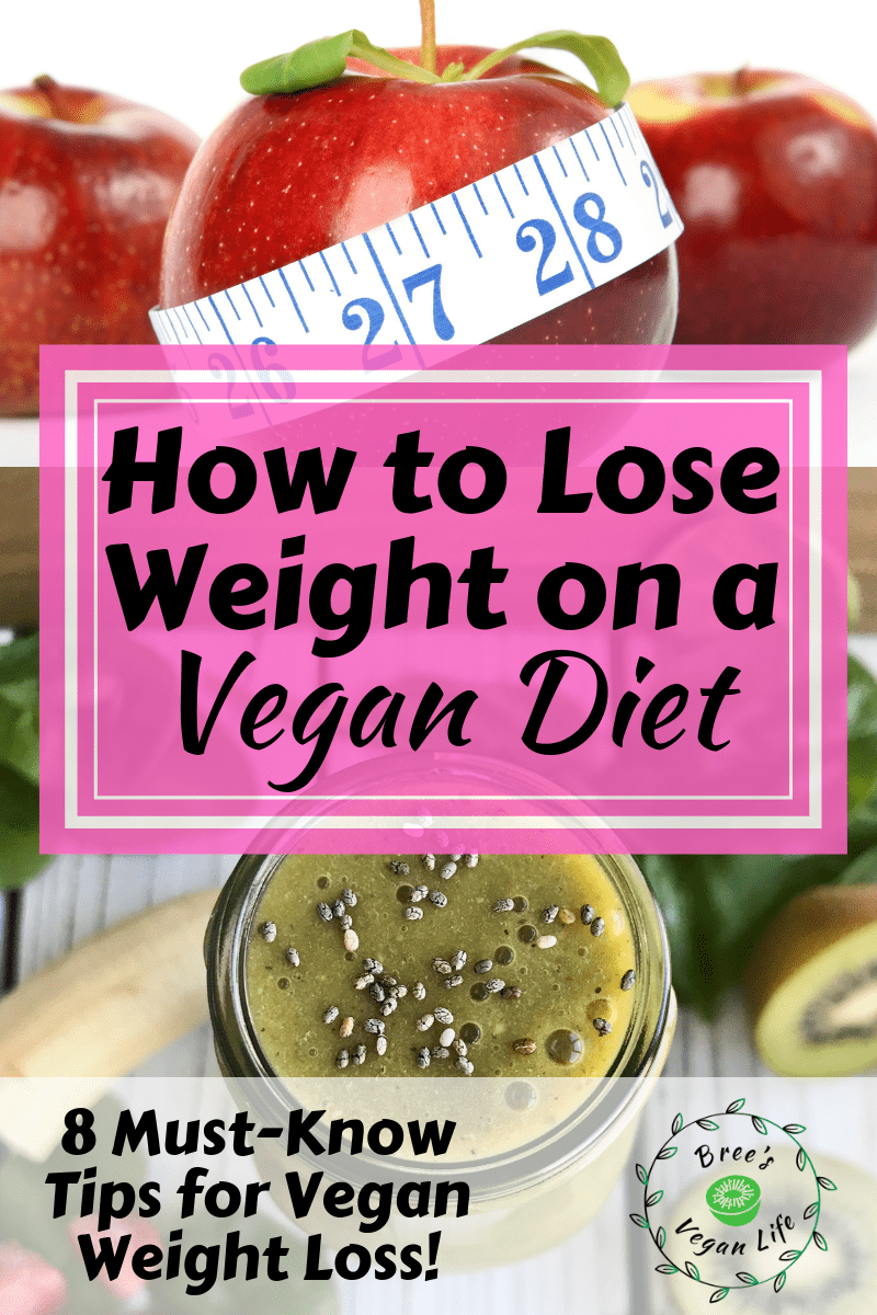 An apple with a measuring tape around it and a green smoothie, with text that says, "How to Lose Weight on a Vegan Diet."