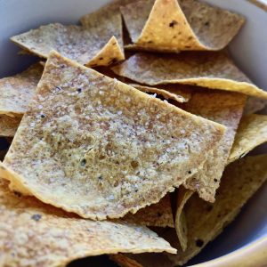 Baked corn tortilla chips.