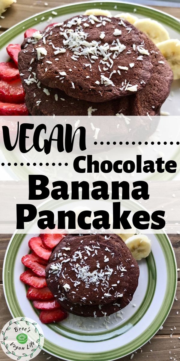 Pin image of vegan chocolate banana pancakes