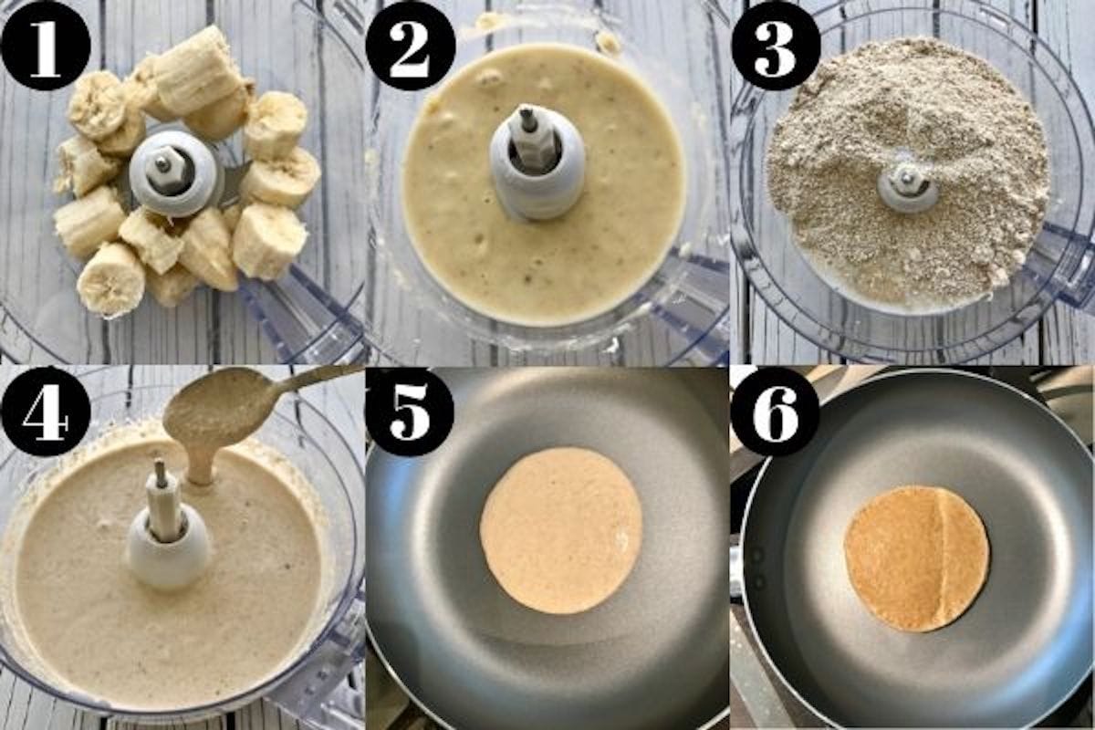 A six-image grid showing the process for making banana pancakes, including mixing the ingredients in a food processor and cooking them in a pan.