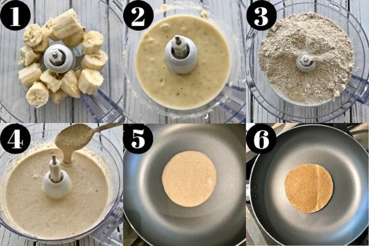 A grid of six images showing the process for making banana pancakes, including blending the ingredients in a food processor and cooking in a pan.