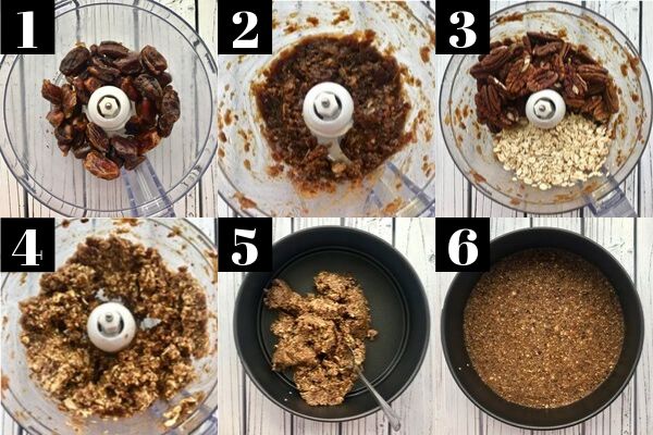 6 images showing the process of making pie crust and pressing it into a circular pan.