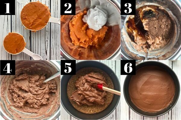 6 images showing the process of making a chocolate sweet potato pie filling and spreading it onto a crust.