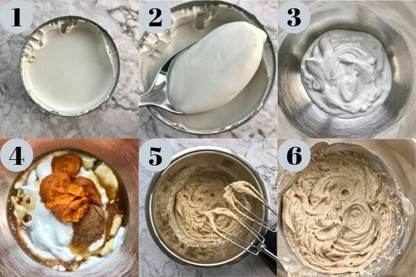 6 images of the steps involved in making pumpkin whipped cream.