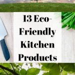 Pinterest pin with text "13 eco-friendly kitchen products" with tree, branch, and leaf images.