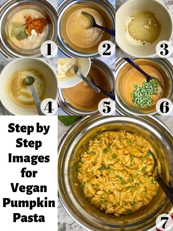 Step by step images showing how to make vegan pumpkin pasta sauce.