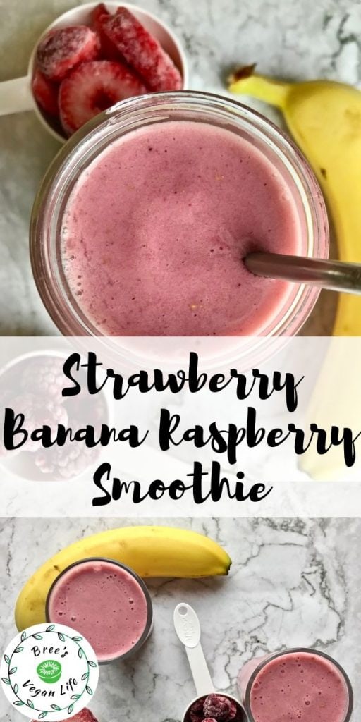 Strawberry banana raspberry smoothie surrounded by ingredients with a text overlay for Pinterest.