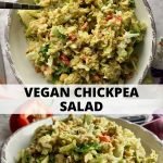 Two bowls of chickpea salad separated by text overlay that reads: Vegan Chickpea Salad.