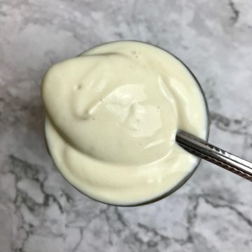 Tofu sour cream on a spoon.