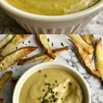 Two bowls of vegan honey mustard and fries.