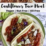 Cauliflower tacos with salsa and dressing, and cauliflower taco meat on a pan.