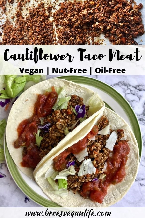 Cauliflower tacos with salsa and dressing, and cauliflower taco meat on a pan.