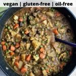 Large pot of vegetable stew with text overlay: "vegetable stew, vegan, gluten-free, oil-free."