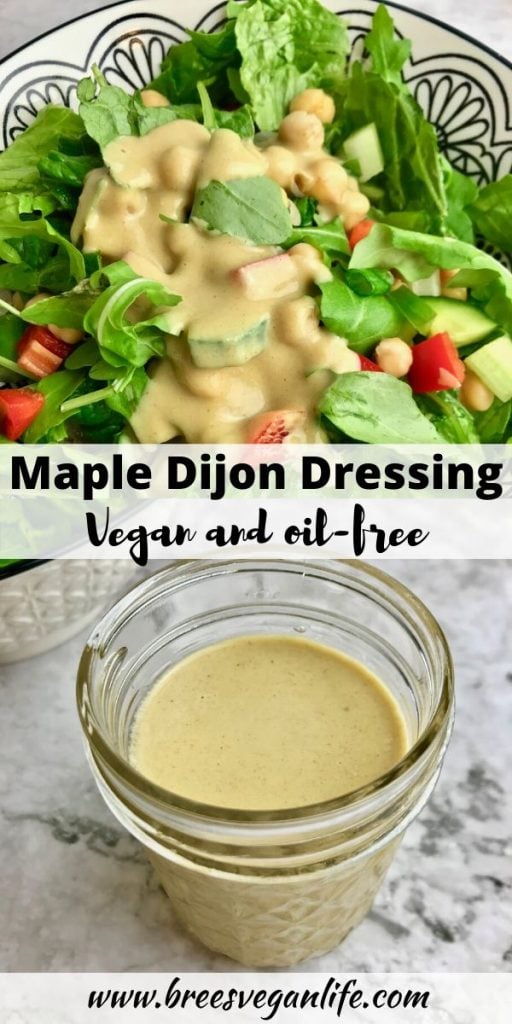 Green salad with yellow dressing and a jar of maple dijon dressing. 