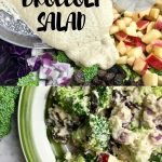 Broccoli salad with creamy dressing and text that says, "Broccoli Salad Vegan and Oil-Free."