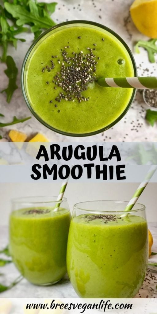 Three green smoothies with text overlay: Arugula Smoothie