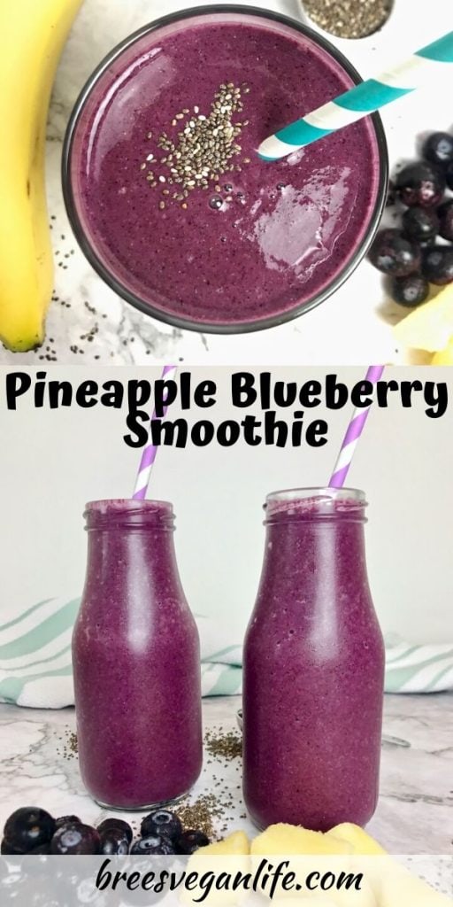 Overhead view of a purple smoothie on top, and two jars of purple smoothie on the bottom with blueberries and pineapple chunks. 