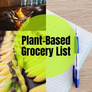 Bananas and other produce in the background with text that reads, Plant-Based Grocery List
