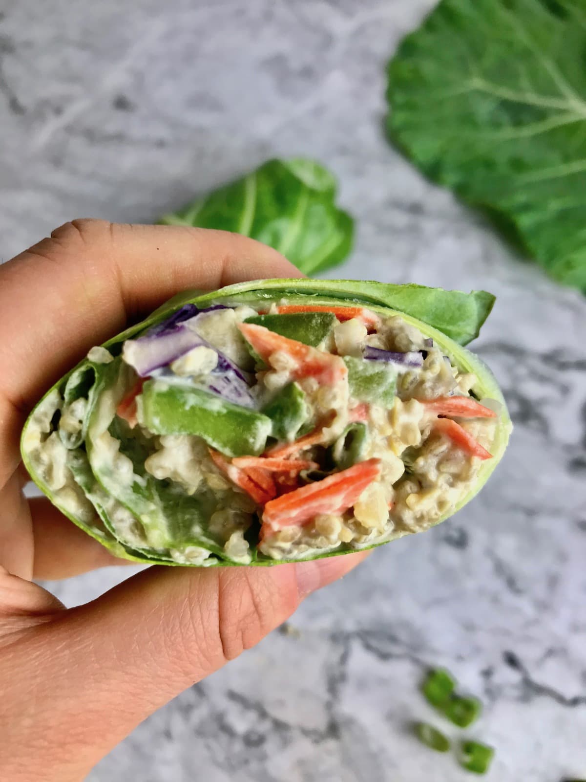 A hand holding a collard green wrap filled with a creamy dressing and vegetables.