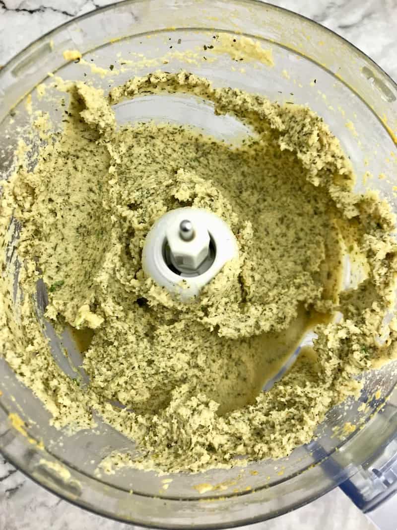 Cashew cheese ball ingredients mixed in a food processor.