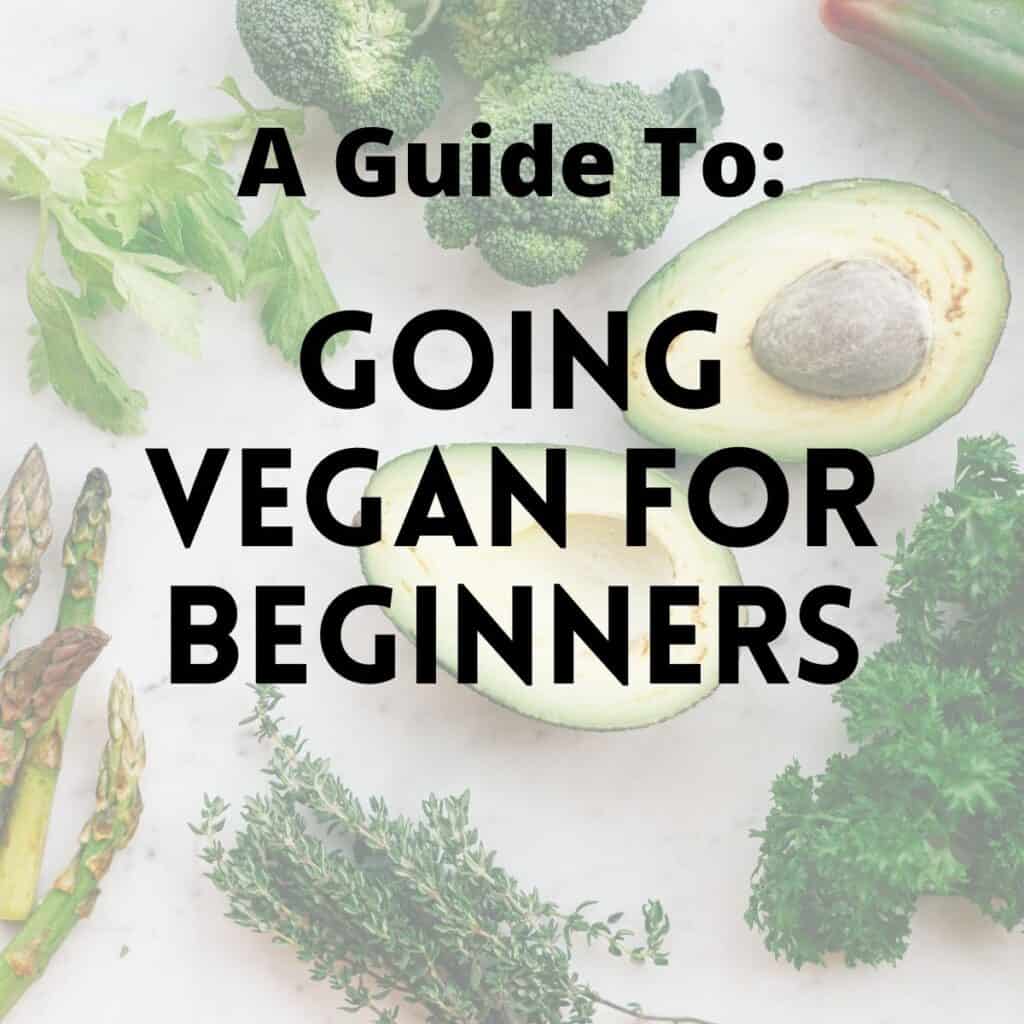 Various green produce items behind text that says, "A Guide To: Going Vegan for Beginners."