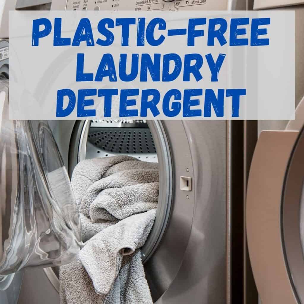 A washing machine with a towel in it, with text that says, "Plastic-Free Laundry Detergent."