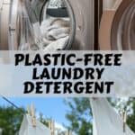 A washing machine and sheets on a clothes line with text that says, "Plastic-Free Laundry Detergent."