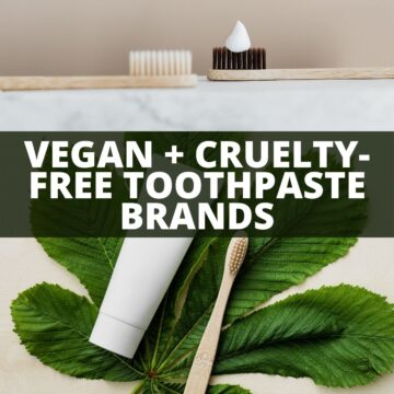 Three toothbrushes and toothpaste with text that says vegan and cruelty-free toothpaste brands.