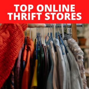 I rack of tops on hangers with text that says Top Online Thrift Stores.