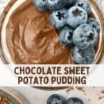 A bowl of pudding topped with blueberries and text that says, "Chocolate Sweet Potato Pudding."