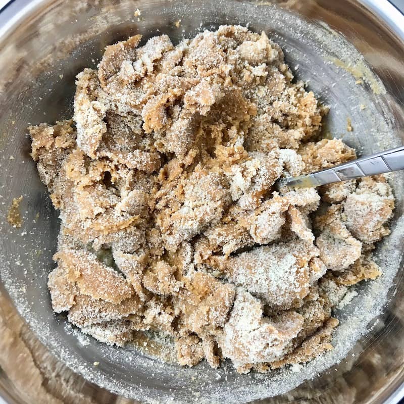 A peanut butter dough in a bowl.