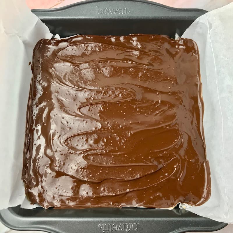 A baking dish of chocolate peanut butter bars with melted chocolate spread on top.