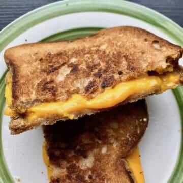 A vegan grilled cheese sandwich with cheddar cheese.