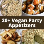 Four vegan appetizers, including dip, chickpea balls, potato wedges, and a cheese ball.