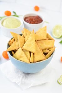 A bowl of chickpea chips.