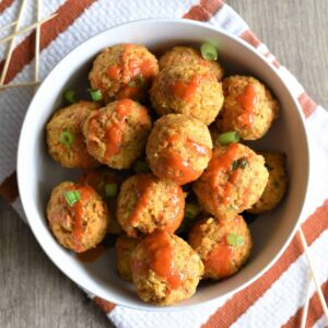 Vegan buffalo chickpea meatballs in a bowl.