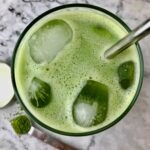 Overhead view of an iced matcha latte.