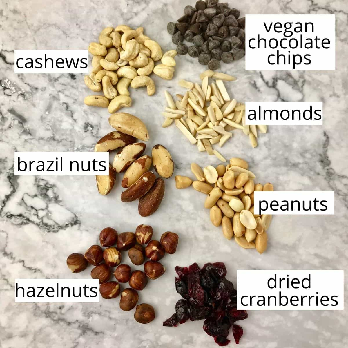 Trail mix ingredients in separate piles.