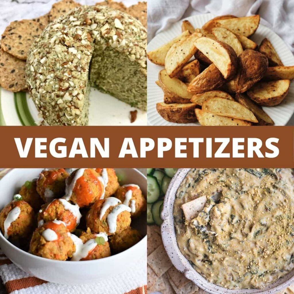 4 separate vegan appetizers: cheese ball, wedges, chickpea balls, and spinach artichoke dip.