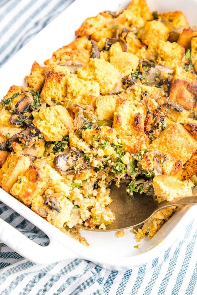 A pan of vegan cornbread stuffing.