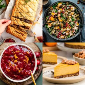 Four Thanksgiving food recipes, mushroom wellington, cranberry sauce, salad, and pie.