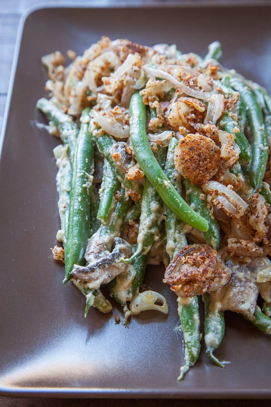 A plate of vegan green bean casserole.