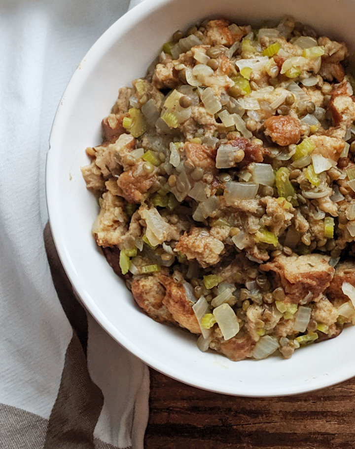 A bowl of vegan stove top stuffing.