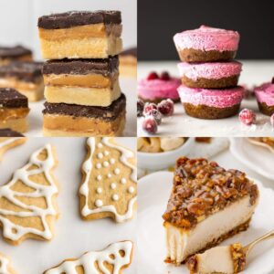 Four different Christmas desserts, including cookies, bars, and cheesecakes.