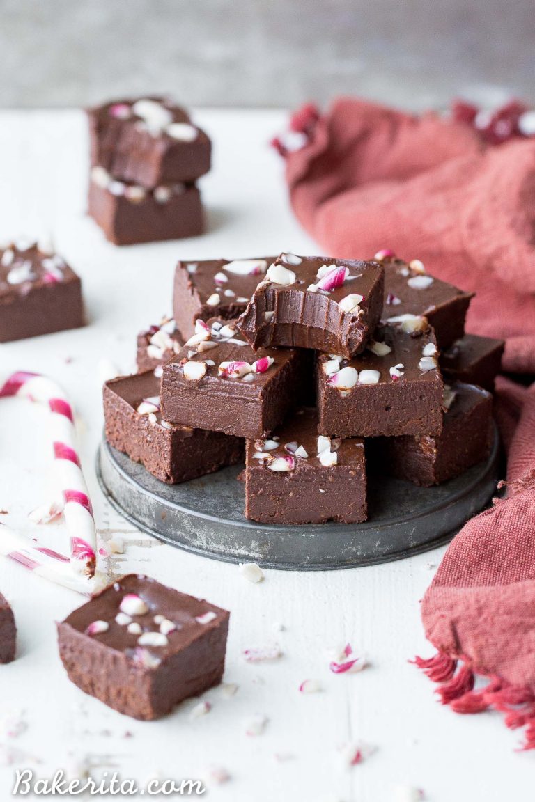 A plate of peppermint fudge topped with crushed candy canes.