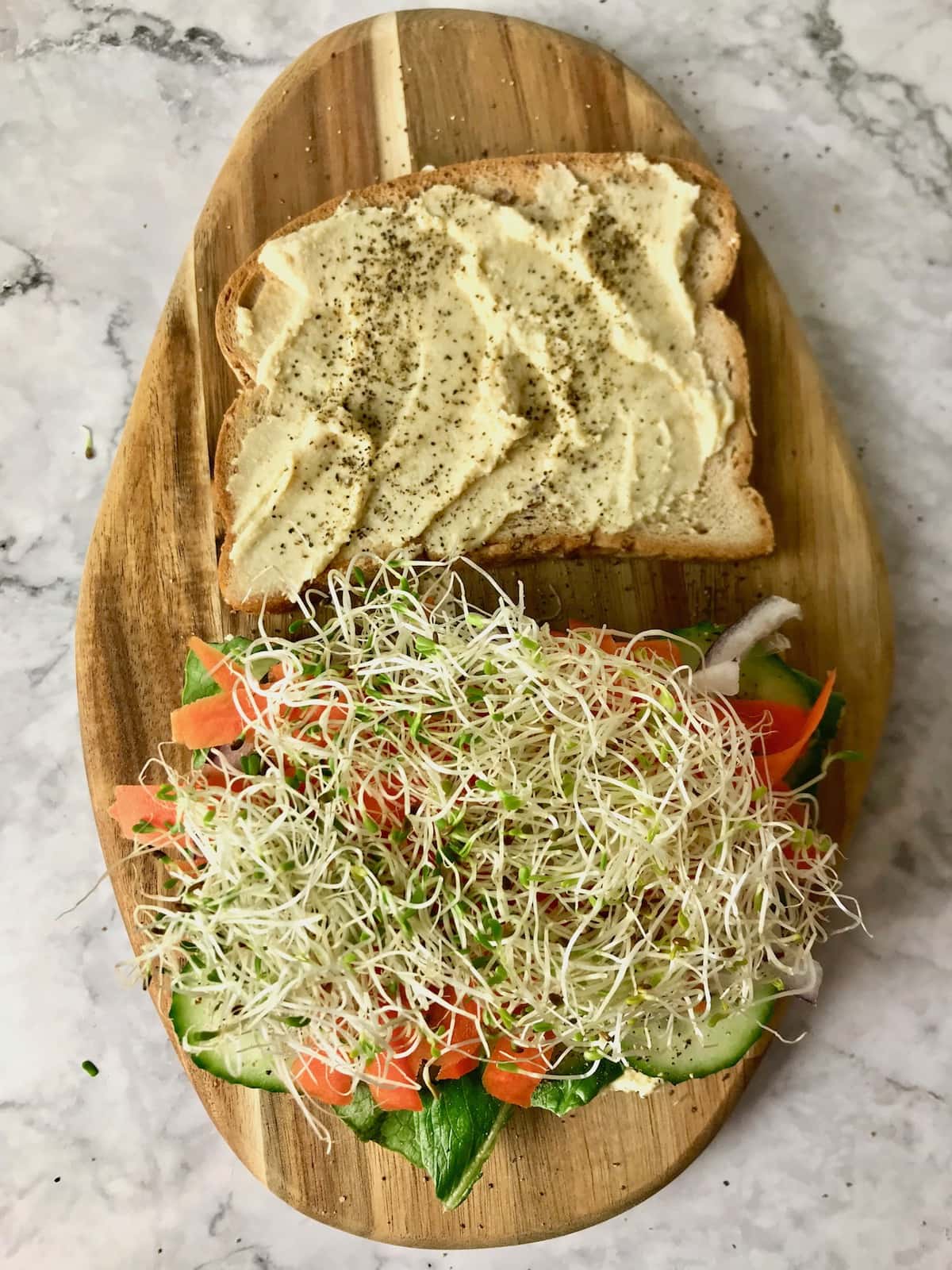 Two slices of bread, one topped with hummus, the other topped with various veggies, with sprouts on top.