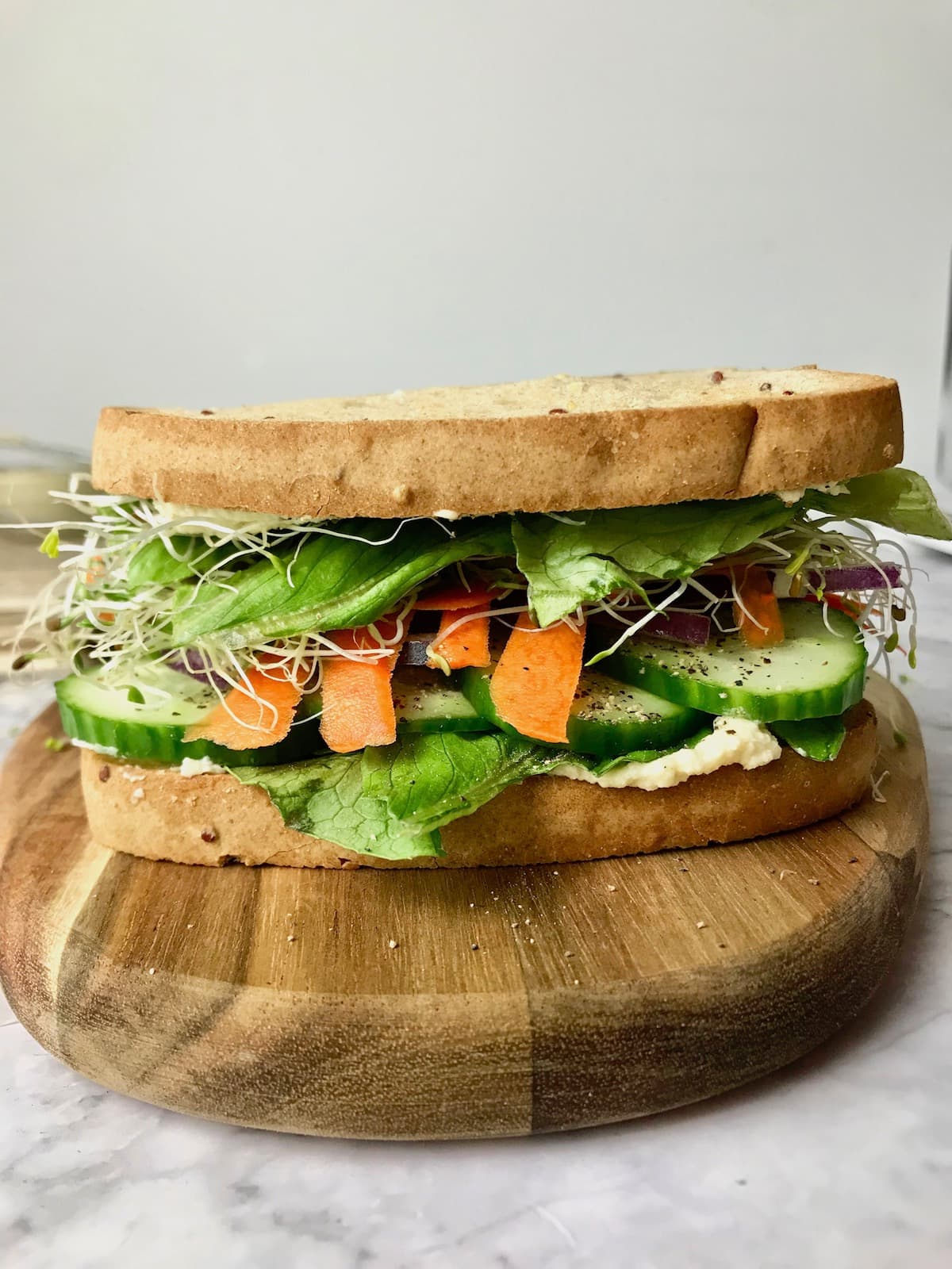 Side view of a sandwich filled with cucumber, hummus, lettuce, carrots, and sprouts.