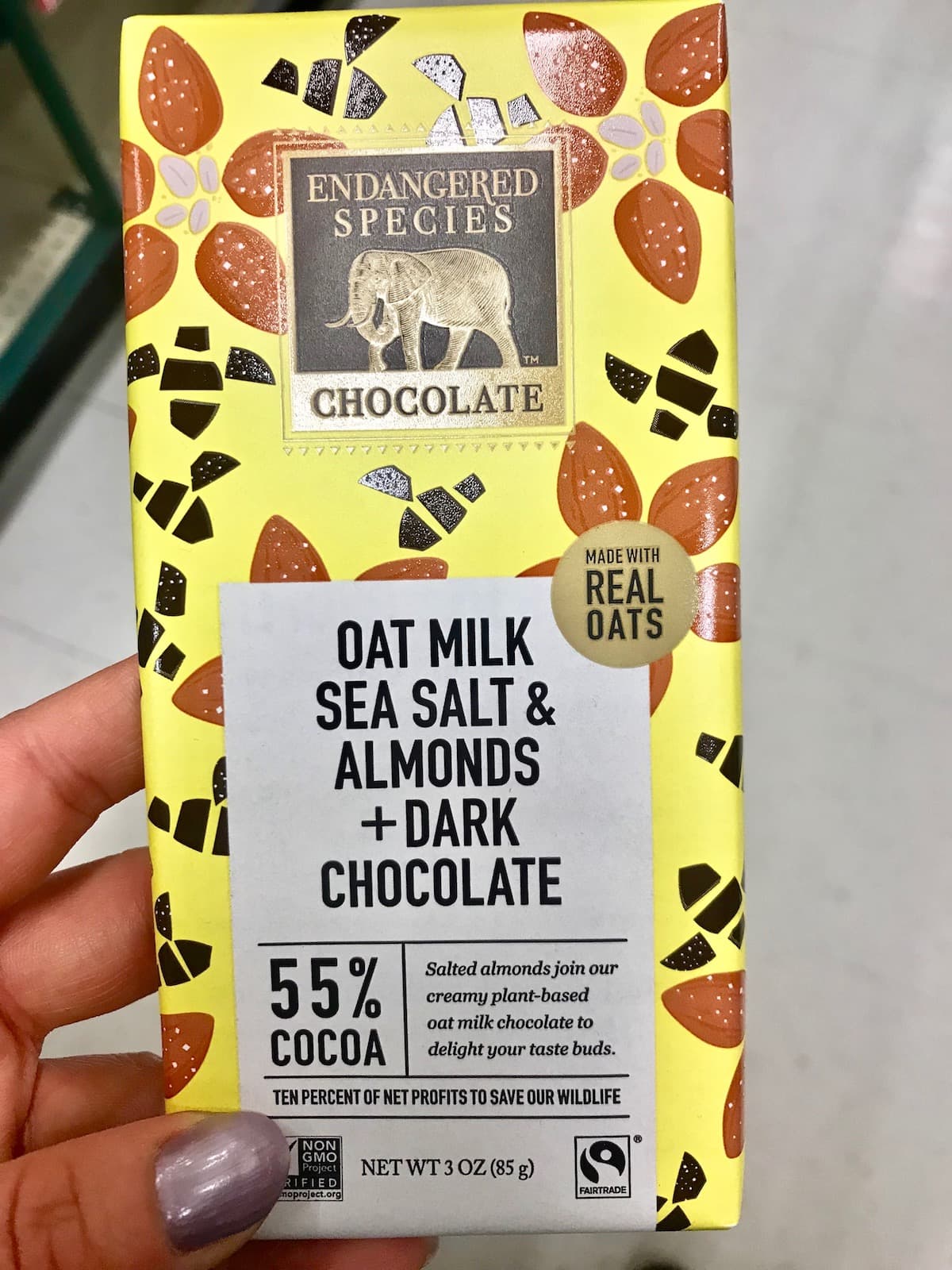 An Endangered Species Oat Milk chocolate bar.