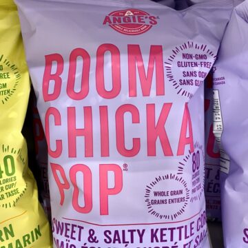 A bag of Boom Chicka Pop sweet and salty kettle corn.